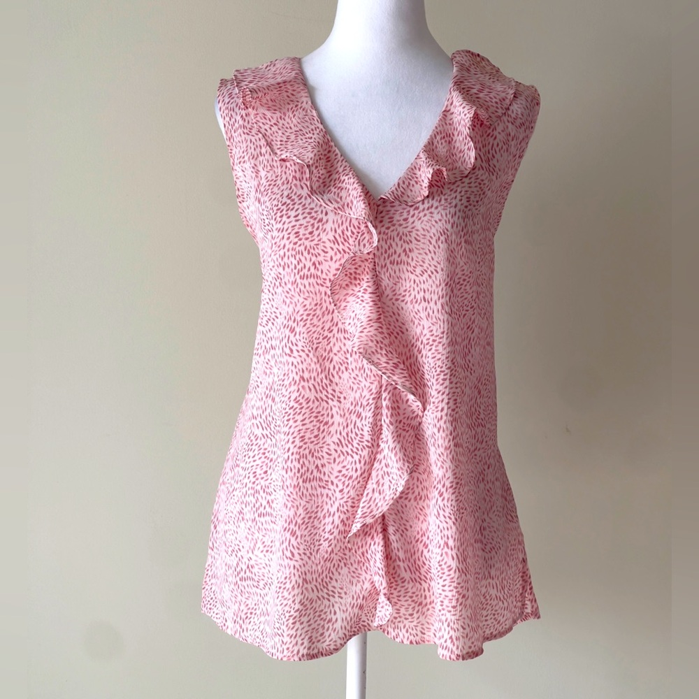Vince Camuto Abstract Flora Pink Ruffle Neck Sleeveless Top - Picture 5 of 8